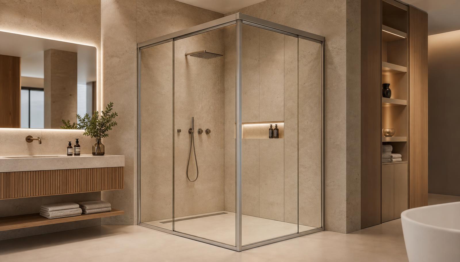 BOX SLIDER® instalado em banheiro contemporâneo, composição de canto em L